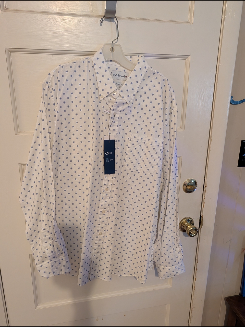 Saddlebred White Button-Down Shirt with Blue Ship Wheel Print